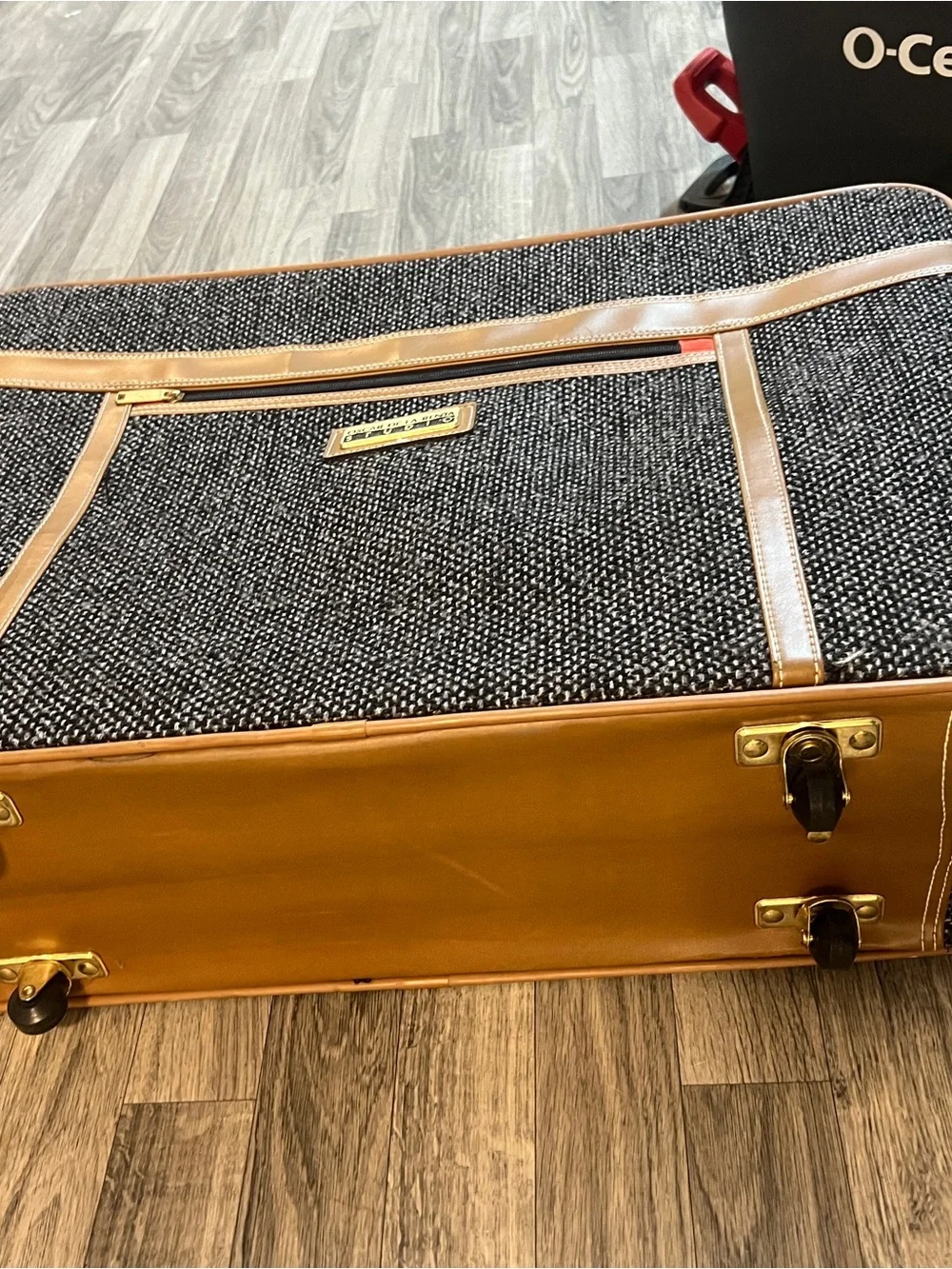 Three-Piece vintage Oscar De LaRenta Travel Bag Set Black tweed with Tan Trim